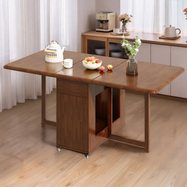 Solid Wood Folding Dining Set, Walnut Table with 4 Chairs, 2 Storage Drawers and Rolling Casters