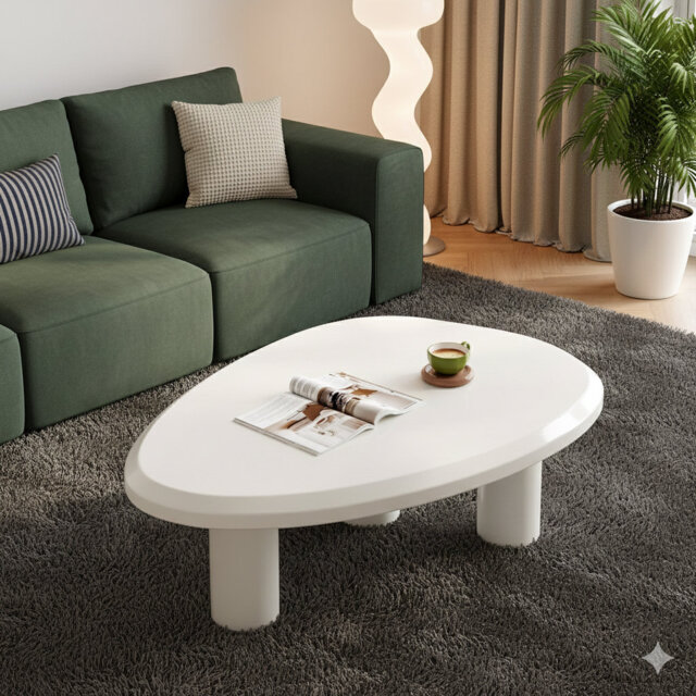 Modern Triangular Cream-White Low Coffee Table with a Three-Leg Design, Suitable for Living Rooms