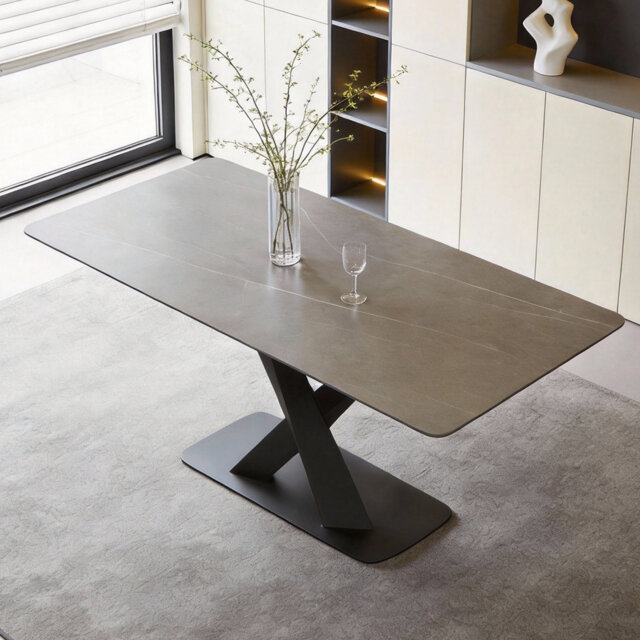 Grey Sintered Stone Dining Table with Black Carbon Steel Cross Legs, Modern Minimalist Design Fast Dispatch From UK Warehouse – Dispatched Within 2 Da