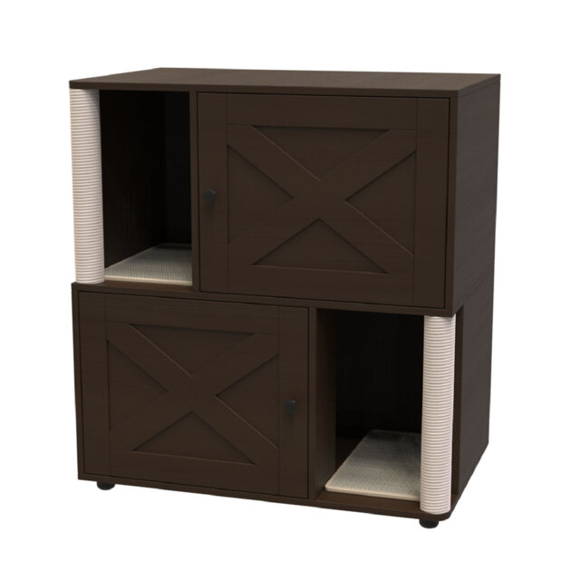 2 Tier Enclosed Litter Box Enclosure with Scratching Post and Dual Mats, Double Litter Box Enclosure Furniture for 2 Cats, Wood Cat Kitty House Cabine