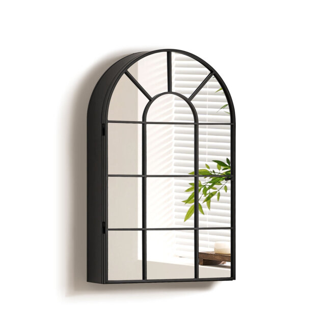 1-Door Bathroom Mirror Cabinet With Two Shelves,50X13x80cm Arched Bathroom Wall Cabinet With Black Metal Frame,Without Back Panel