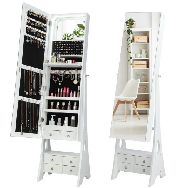 Jewelry Cabinet, LED Lights Floor Standing Jewelry Armoire With Full Length Mirror, Drawer & Makeup Mirror, Adjustable Vanity Jewellery Organiser Stor