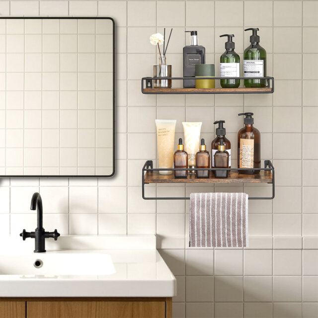 Set Of 2 Bathroom Floating Shelves, Wall Shelves With Towel Rack, Wood Shelves For Wall, Rustic Brown And Black