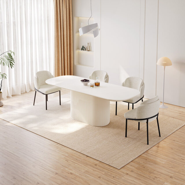 Modern Cream White Rectangular Dining Table Set with Chairs - Indoor Kitchen Dining Room Furniture