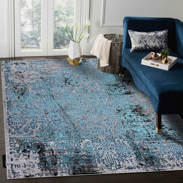 Modern DE LUXE rug for the living room, bedroom, vintage ornament - textured blue / gray