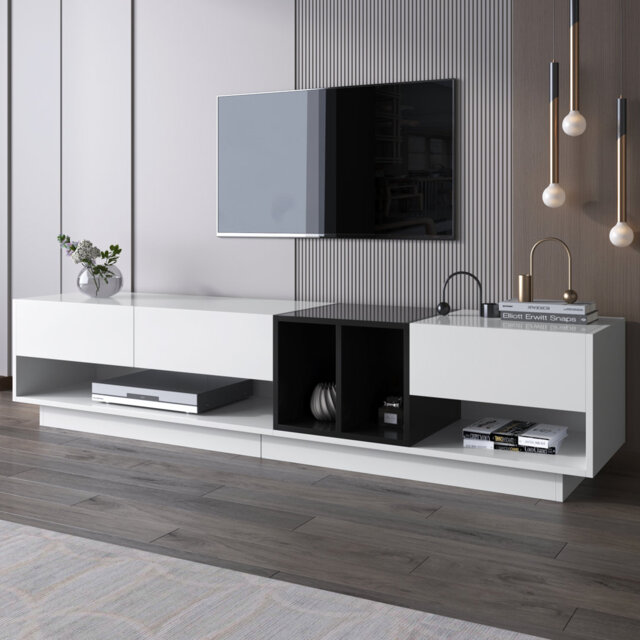 Modern High-gloss Tv Media Unit - White Storage Cabinet With 3 Drawers & Open Shelves (150cm)