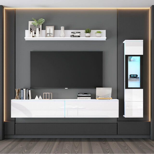 3-Piece Modern Entertainment Centre With LED Lights, High Gloss Wall TV Unit For Tvs Up To 80 Inches, White
