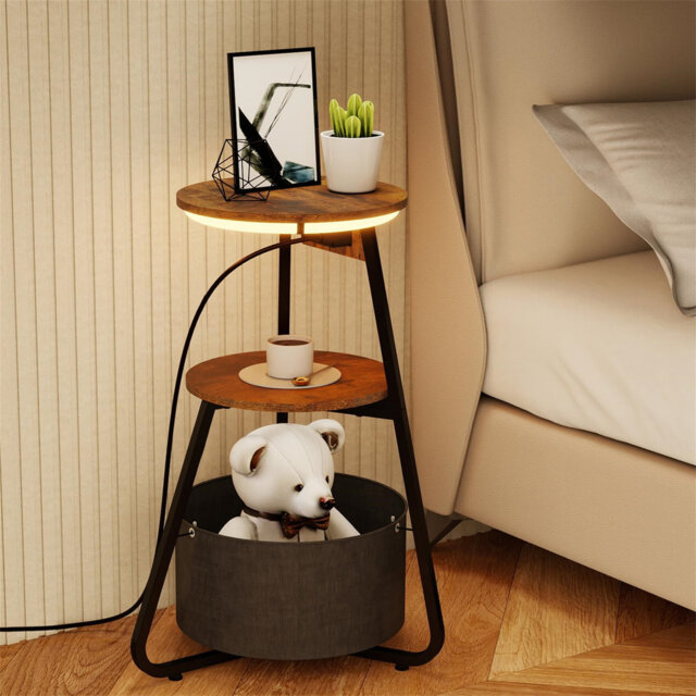 Side Table With Charging Station, Small Round Coffee Table With 3 Colour LED Lights And Storage Basket, End Table With 3 Tier Shelves, Bedside Sofa Si