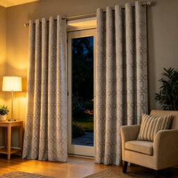 Luxury Velvet Eyelet Curtain Pair, Geometric Print Fully Blackout Thermal Insulated Drapes, Energy Saving Room Darkening Window Curtains for Bedroom L