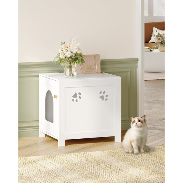 Cat Litter Box Enclosure, 52 cm L Hidden Litter Box Furniture, Wooden Indoor Pet House with Front Arched Door, Side End Table, Nightstand for Living R