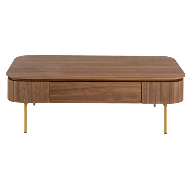 Rectangular coffee table in walnut and gold polished