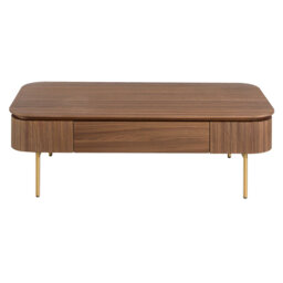 Rectangular coffee table in walnut and gold polished