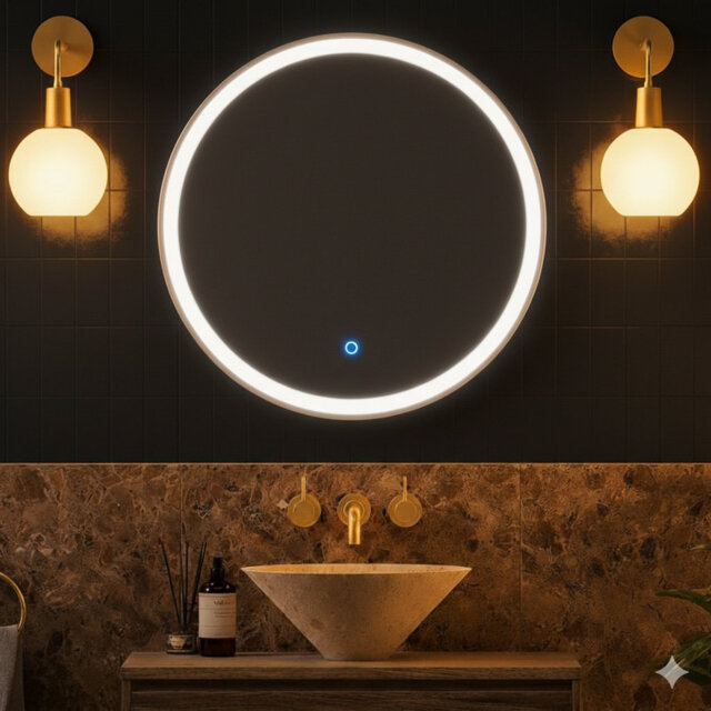 600mm Round Matt Black Led Bathroom Mirror Dimmable Tri Light Anti Fog