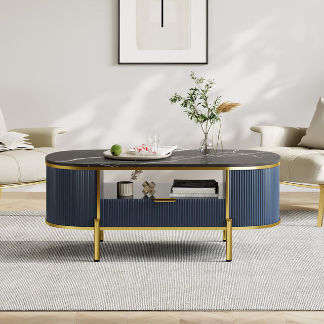 "48"" Oval Fluted Coffee Table with Storage Organizer, Fluted Center Table with Faux Marble Top and Gold Metal Decor, Modern Coffee Table for Home Offic"