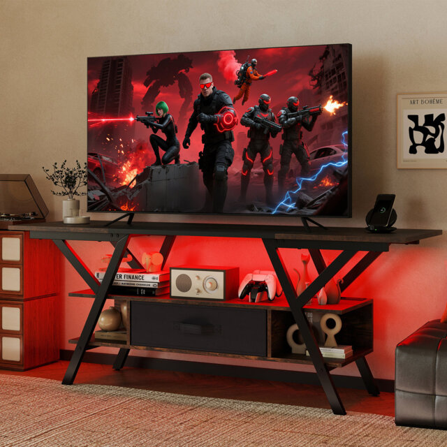 Brown TV Stand For 65Inch Tvs 3-Tier Entertainment Center With LED Lights & Power Outlets