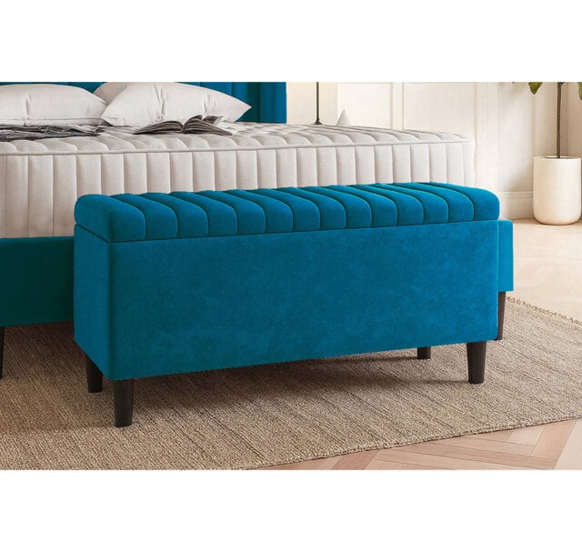 Plush Velvet Lined Upholstered Ottoman Storage Box with Wooden Legs