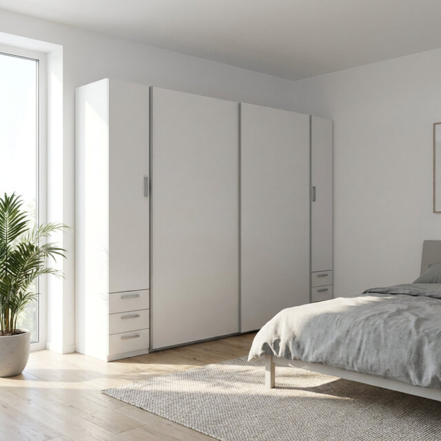 4-door wardrobe with drawers, white, with clothes rails, shelves