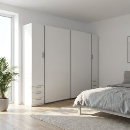 4-door wardrobe with drawers, white, with clothes rails, shelves