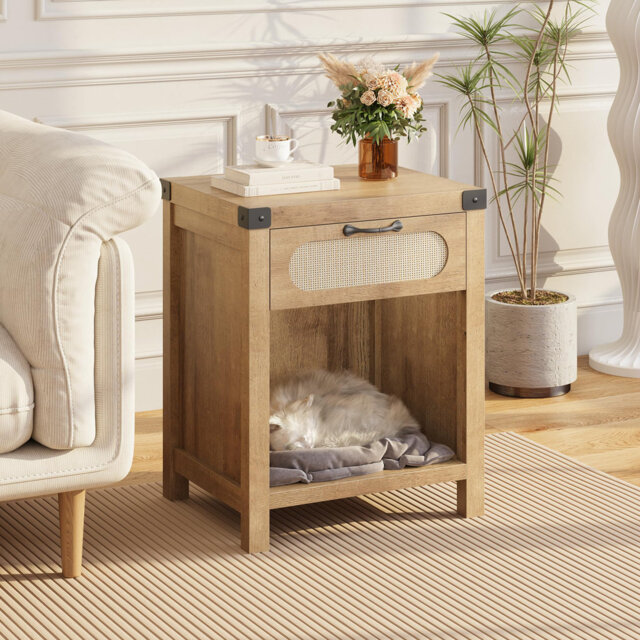 Farmhouse Boho Rattan Entryway Cabinet - Bedside Table with Drawer & Open Shelf - Ideal for Bedroom, Living Room, or Hallway - Durable Natural Wood -