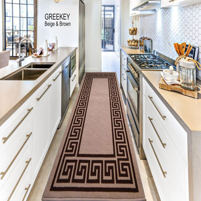 Greek-Key Beige Brown Non-Slip Polypropylene Area Rug â Washable Door Mat & Hallway Runner for Living Room, Kitchen & Bedroom