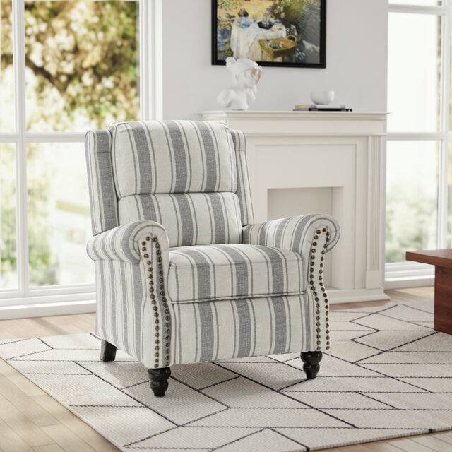 Ameiah Upholstered Farmhouse Manual Push Back Recliner with Solid Wood Legs