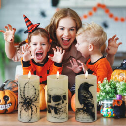 Halloween Flameless Pillar Candles - Remote Timer, Skull/Spider Web/Crow Decals, Set of 3, Battery-Operated LED Real Wax