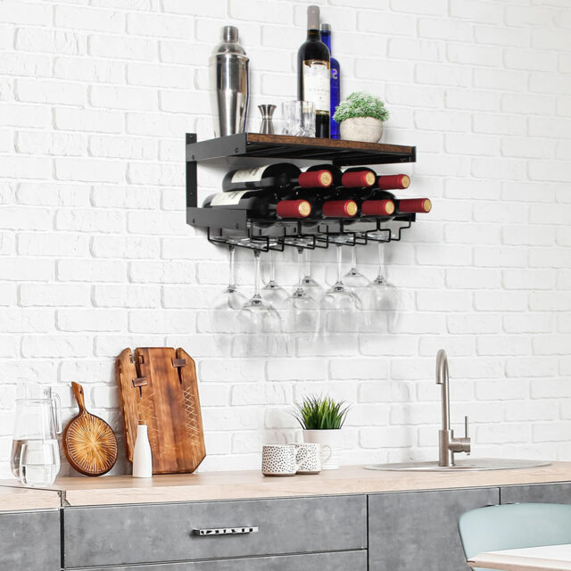 Aharshi 7 Bottle Wall Mounted Wine Bottle & Glass Rack in Black