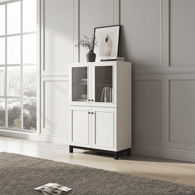 Lazaro Cashmere Taupe Low Showcase Display Cabinet Storage Unit 90cm Wide With Shelves And Doors
