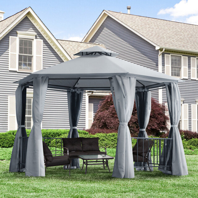 Hexagonal Patio Gazebo with Two-Tier Vented Roof, Privacy Curtains, and Mesh Netting, Grey, 3 x 3 m, for Outdoor Parties, Gardens, and Backyard Events