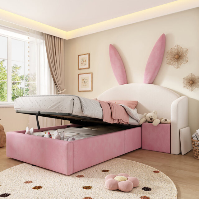 HugBunny Single Kids Bed Frame with Storage and Nightstand, Children beds for Girls