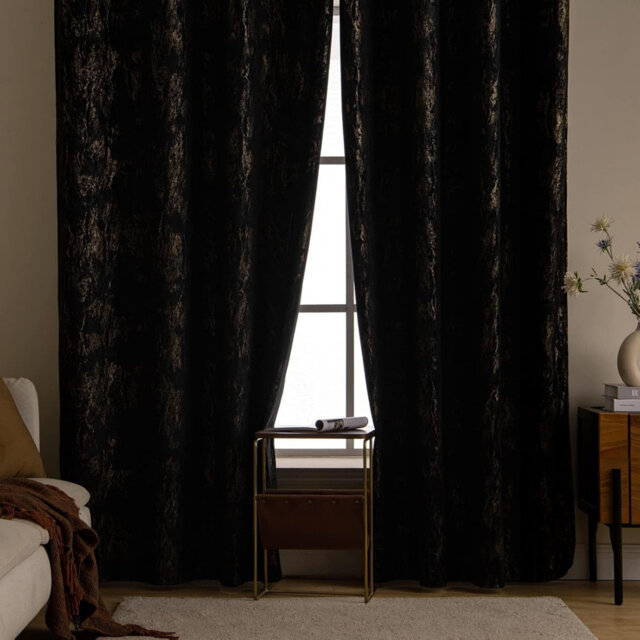 Black Velvet Curtains with Gold Foil,2 Panel Set Soft Thermal Insulated Eyelet 168 x 229 cm