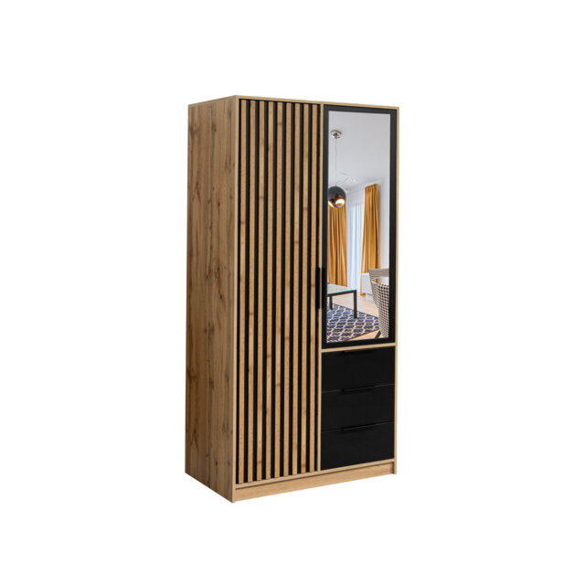 Biser Lux 2-Door Wardrobe - Dab Wotan & Black with Lamellas and Mirror Finish