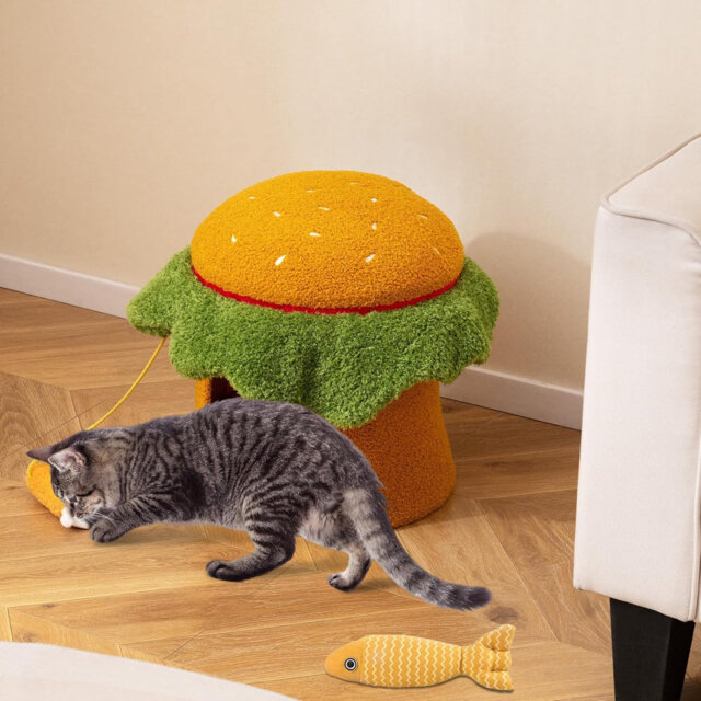 Cute Cat Bed, Hamburger-Shaped Cat Condo w/ Padded Top Perch, Hanging Plush Toy, Removable Washable Soft Cushion, Small Pet Cave Furniture Hideaway, I