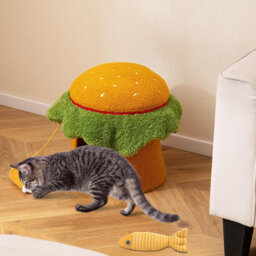 Cute Cat Bed, Hamburger-Shaped Cat Condo w/ Padded Top Perch, Hanging Plush Toy, Removable Washable Soft Cushion, Small Pet Cave Furniture Hideaway, I