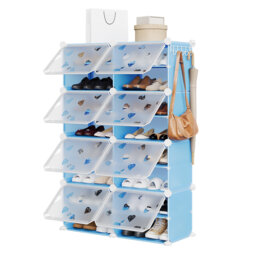 8-Cube Freestanding Modular Shoe Storage Organizer with Translucent Doors & 5 Side Hooks, Holds Up to 32 Pairs for Entryway, Closet and Mudroom