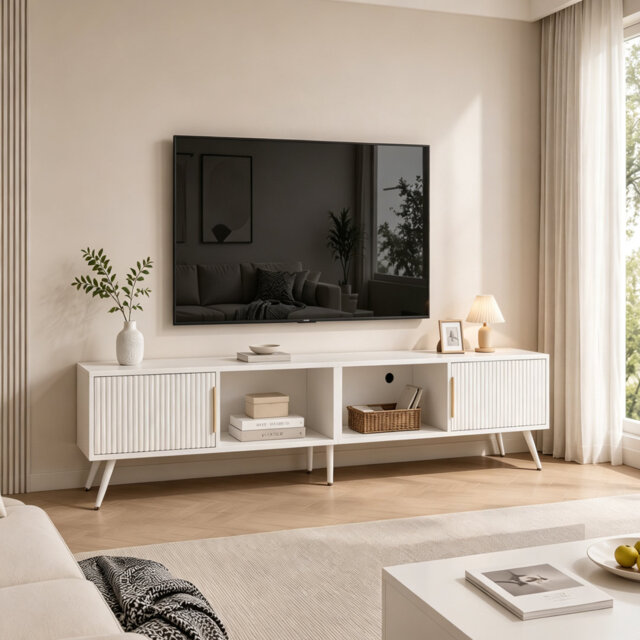 "Fluted TV Stand for TVs Up to 75"" with Gold Handles, Modern Media Console"