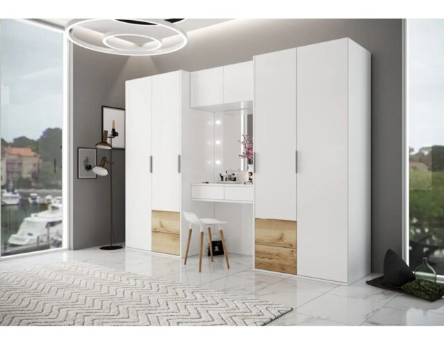 Spacious White & Natural Oak 6-Door Wardrobe with Built-in Dressing Table - Organised, Modern Living 300cm