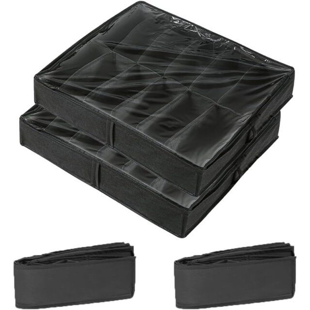 Under Bed Shoe Storage Organiser, Folding Under Bed Shoe Box With Transparent Lid Fits 12 Pairs Total - Underbed Storage Solution (2 Pcs)