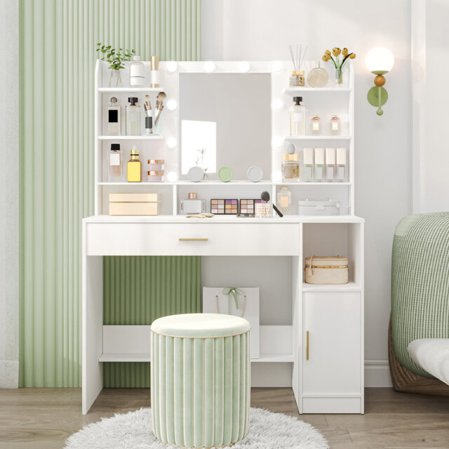 Dressing Table, Large Tabletop with Mirror, LED Light with Adjustable Brightness, Organiser Drawers and Storage Cabinets, Open Shelves, for Bedroom, C