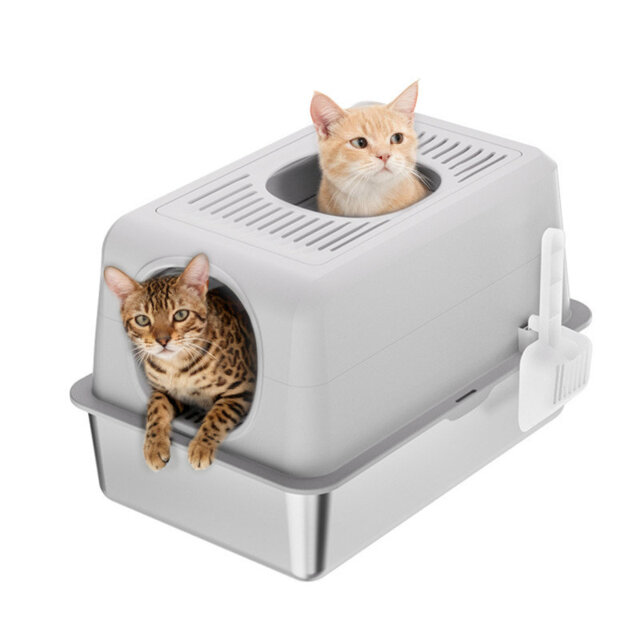 Stainless Steel Cat Litter Box Enclosed, 20L Large Stainless Steel Cat Litter Tray with Front and Top Exit, Top Ventilation Covered Toilet for Kitten,