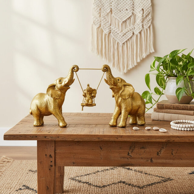 Elegant Gold Elephant Family Statue: Luck & Wisdom Home Decor