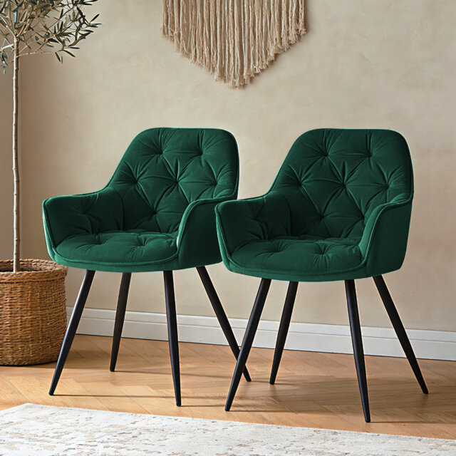 Velvet Upholstered Armrests Tufted Dining Chair with Wide Back 50cmH