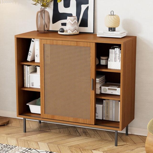 Rattan Sideboard with Sliding Doors, Walnut Finish & Metal Legs, 15 cm Height