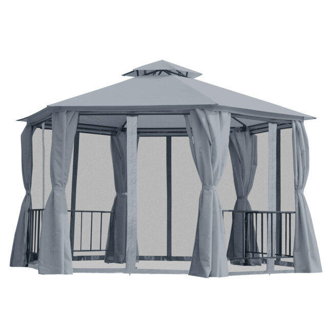 3 X 3m Grey Hexagon Gazebo, Outdoor Patio Party Tent With 2-tier Ventilated Roof, 6 Zipper Mesh Nettings And Privacy Curtains, Steel Frame Garden Shel