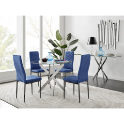 Bernell Modern Chrome Metal & Glass Round Dining Table Set with 4 Quilted Velvet Chairs