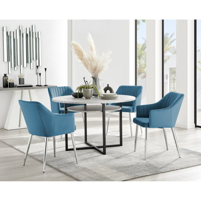Adler Round Dining Table Set with Shelf & 4 Luxury Modern Velvet Dining Chairs