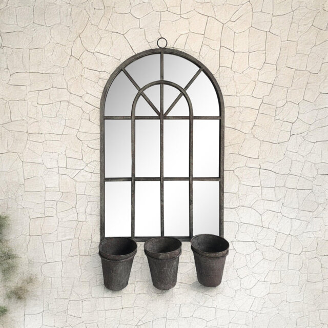 Walpole Rustic Wall Accent Mirror with 3 Planter Pots for Indoor Outdoor Garden Home Decor Farmhouse Hanging Wall