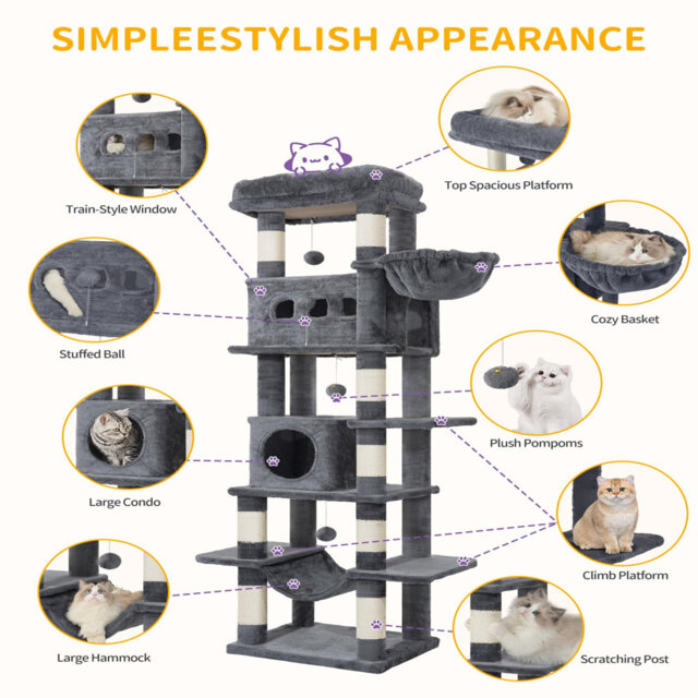 Cat Tree For Indoor Cats, Large Tall Cat Tower, Multi-Level Cats House With Condo,  Scratching Posts, Hammock,  Pom Poms