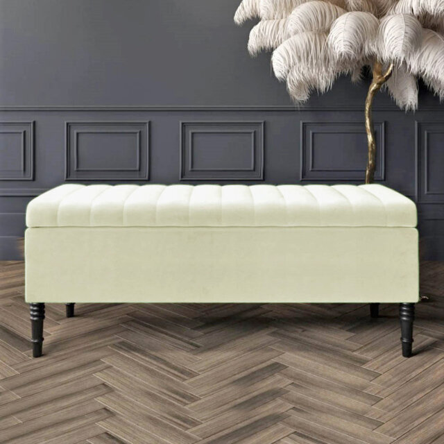 Paris Striped Ottoman Storage Bench - Upholstered Plush Velvet Shoes Bench with Black Turned Wooden Legs