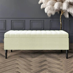Paris Striped Ottoman Storage Bench - Upholstered Plush Velvet Shoes Bench with Black Turned Wooden Legs